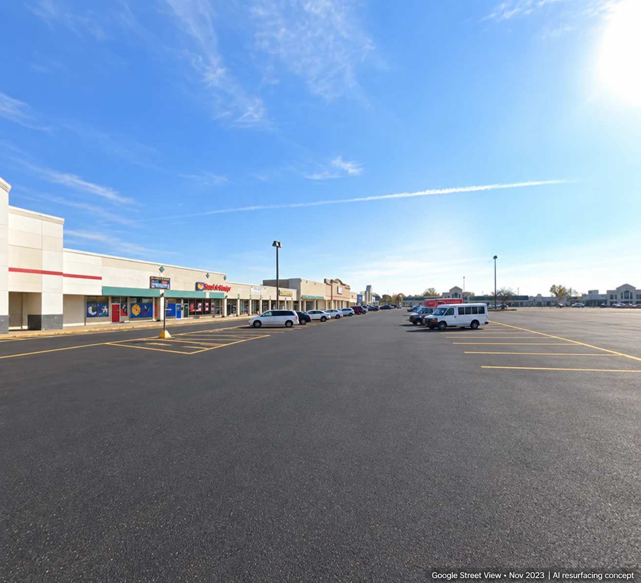AI appearance concept showing renewed asphalt and parking markings at Great Western Shopping Center in Columbus